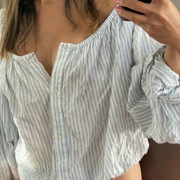 Nili Lotan blue white bohemian button down with puff sleeves - Picture 1 of 5